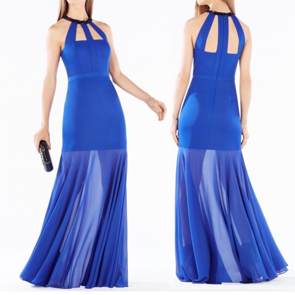BCBGMaxAzria Royal Blue Beaded-Halter Maxi Dress
